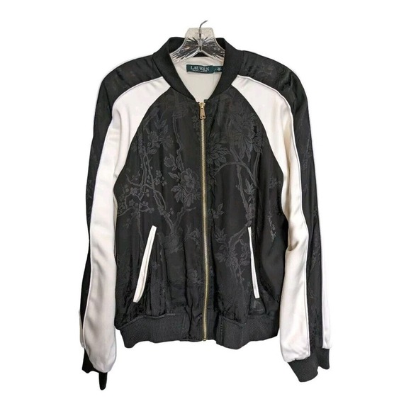 Lauren Ralph Lauren Black White satin jacket Floral Two-Tone Bomber Track - Picture 3 of 7